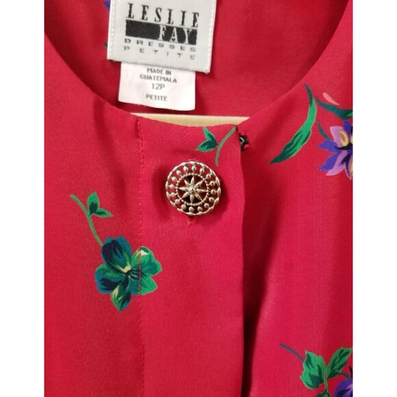 Leslie Fay Petite Vtg Red Purple Floral Belted Pleated Midi Dress Sz 10 Modest - Picture 6 of 10